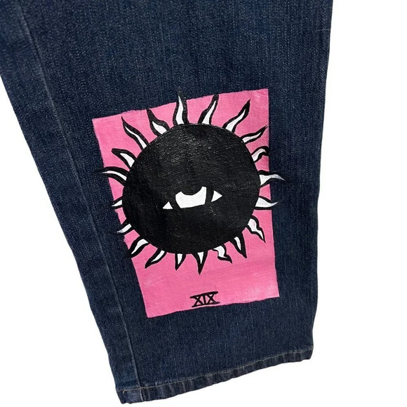 Riveted by Lee Hand Painted Jeans Size 10 Long Dark Wash Handmade Custom Bottoms - Picture 3 of 11